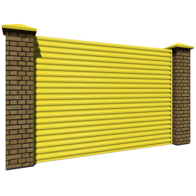 Секция забора жалюзи из ламелей еврожалюзи RAL1018 Желтый с кирпичными столбами
