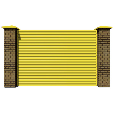 Секция забора жалюзи из ламелей еврожалюзи RAL1018 Желтый с кирпичными столбами анфас