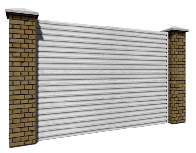 Секция из ламелей Еврожалюзи для заборов типа жалюзи цвет Printech под дерево Беленый Дуб двусторонний с кирпичными столбами
